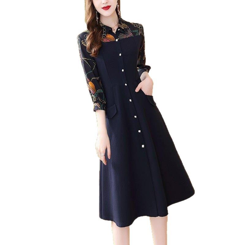 Plus Size Women's Spring/Summer Seven-Sleeve Lapel Shirt Dress - Light Mature Style, Button-Down A-Line with Patchwork Design.