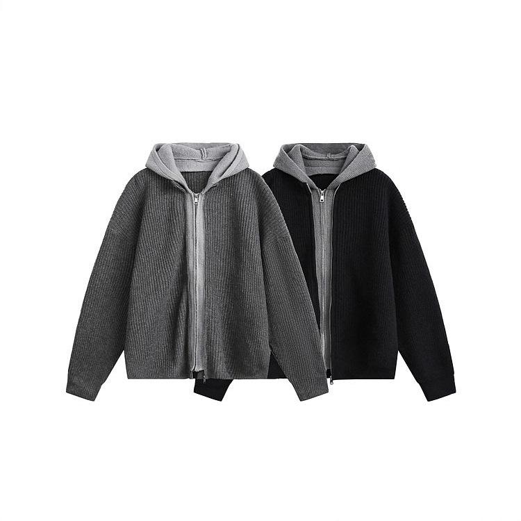 New Lazy Wind Fake Two-piece Cardigan Hooded Sweater Men's Autumn and Winter New Retro Trendy Brand Knitted Sweater Jacket Top