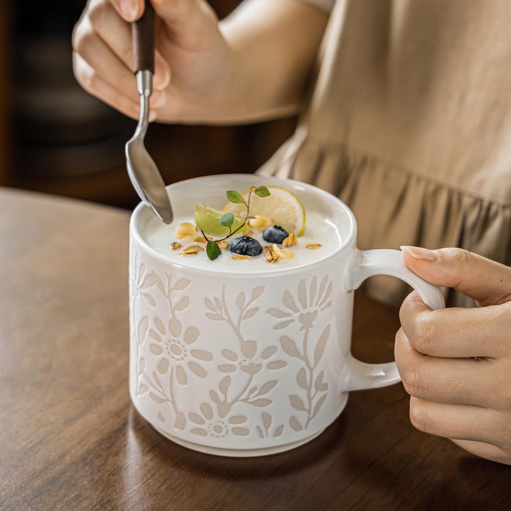 High Value Relief Flower Cup Ceramic Mug Home Office Water Cup Breakfast Cup Dessert Cup