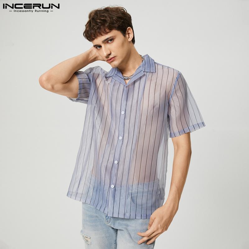 

INCERUN мужские прозрачные летние свободные топы на пуговицах с короткими рукавами