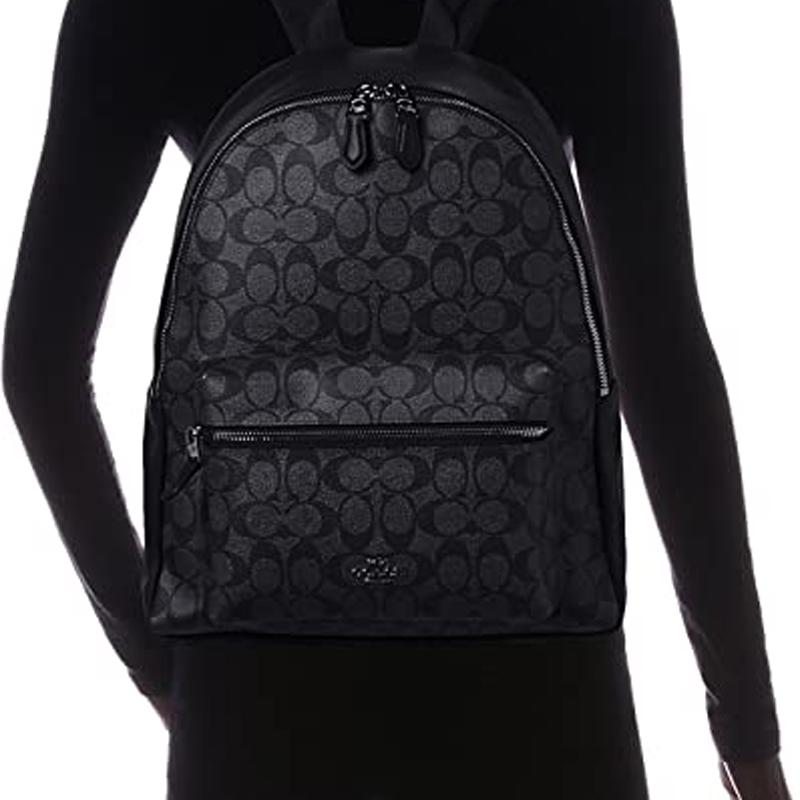 Coach Charlie 30 Fashion Casual Monogram Canvas And Calfskin Backpack Unisex Backpack Black 58314-SVDK6
