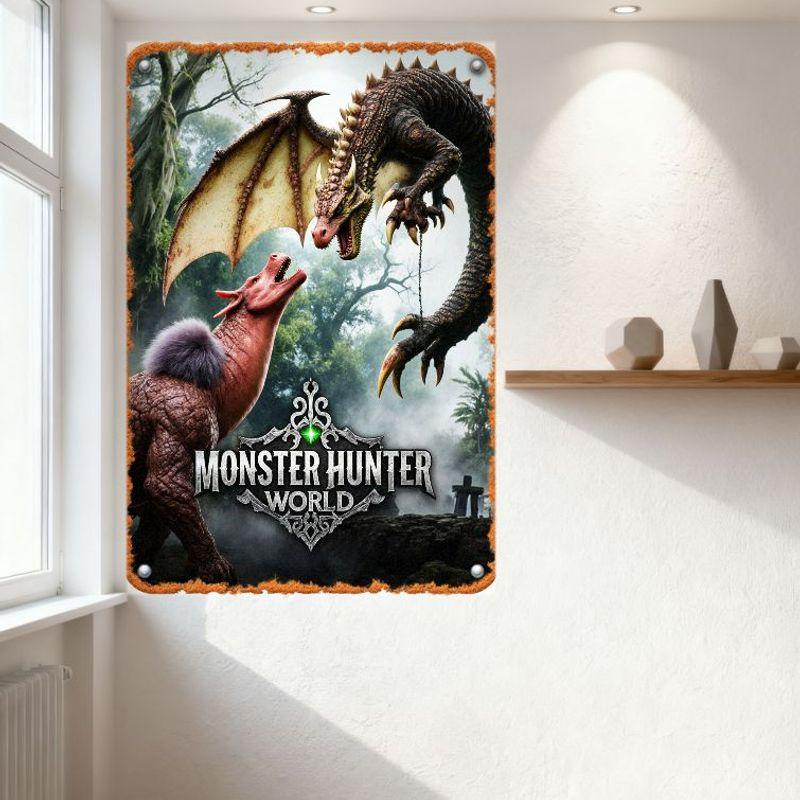 Monster Hunter World Blechschild Vintage Monsterkampf-Szene Gerahmtes Poster für Heimwanddekor Bar Man Cave Club Restaurant