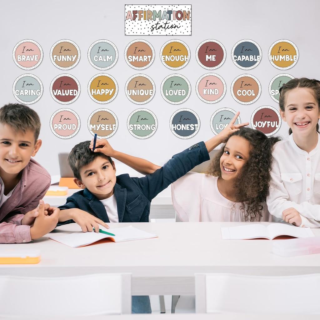 Boho Affirmation Station Bulletin Board Set Rainbow Positive Affirmations Bulletin Board Decorations for Classroom Mirror Wall Bulletin Board