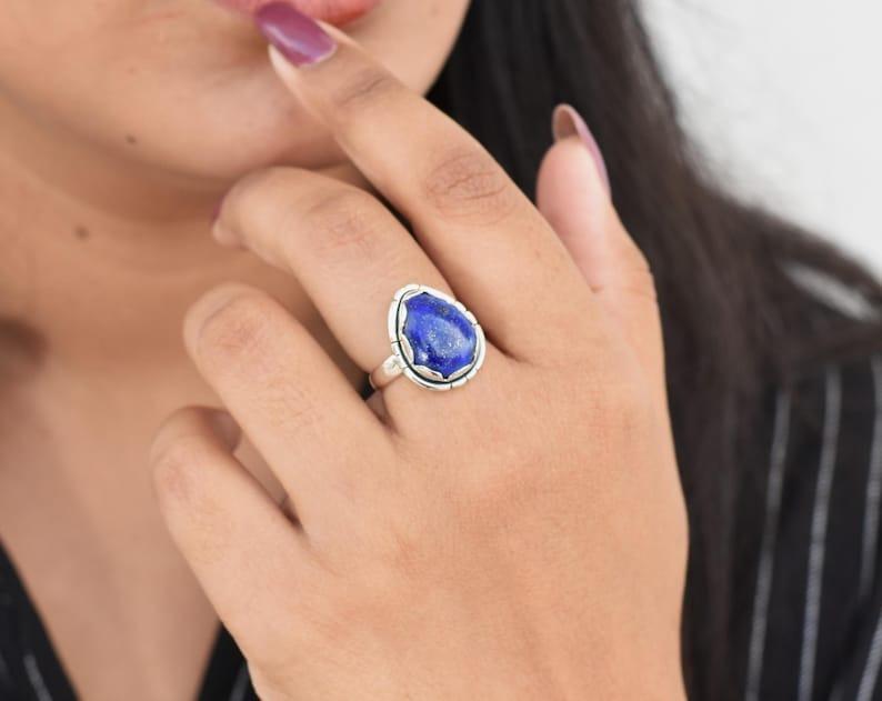 

925 Sterling Silver Lapis Lazuli Gemstone Handmade Boho Designer Ring, Unique Gift Ring, Fashion Jewelry 11