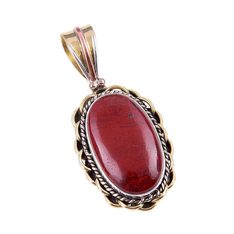 Natural Red Jasper Gemstone 925 Solid Sterling Silver TwoTone Pendant 1.50" R9d61