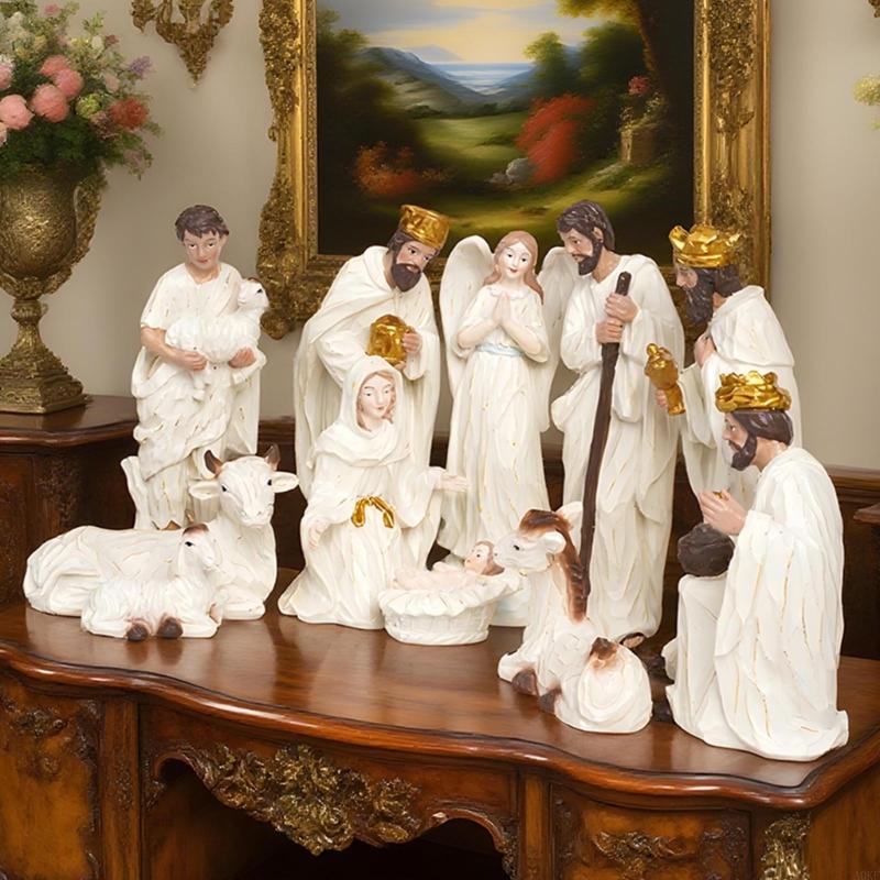 Weihnachts Krippenfiguren Harz Krippenszene Statue mit Stall Heilige Familie Statue Tischdekorationen Heimdekorationen A0KF