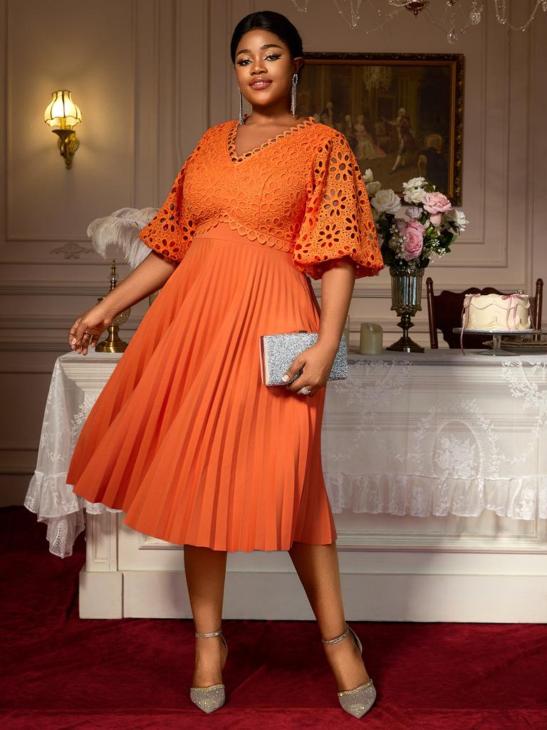 Lace Patchwork Pleated Midi Dresses for Women with V Neck Hollow Out Lantern Sleeves for Weddings Party and Special Occasions