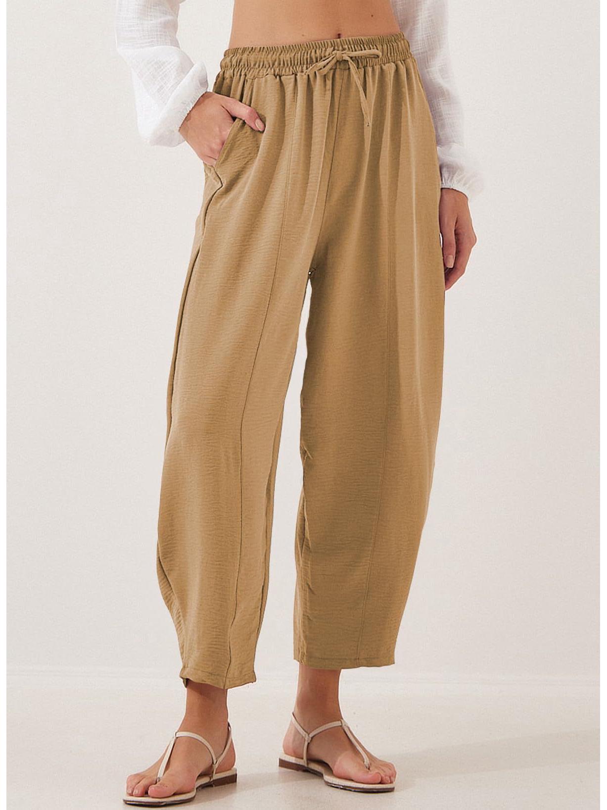 

High-Waisted Loose Drawstring Patch Pocket Cropped Pants - Women s Autumn/Winter 2026 Collection XL хаки
