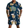 Conjunto de 2 piezas para hombre: Top casual ligero y transpirable de manga corta con estampado y pantalones cortos con cordón para verano