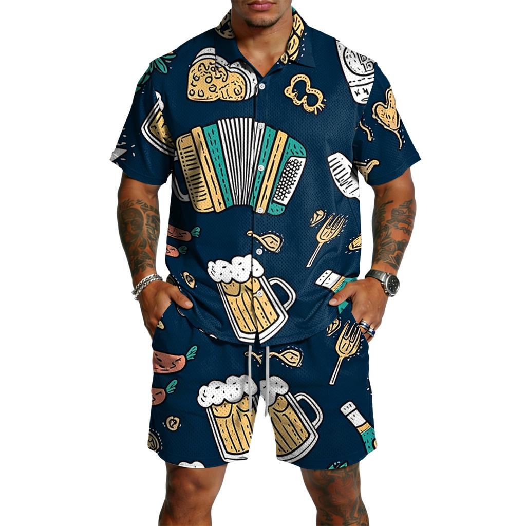 Conjunto de 2 piezas para hombre: Top casual ligero y transpirable de manga corta con estampado y pantalones cortos con cordón para verano