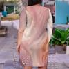 Women Plus Size Marble Print V Neck Long Sleeve Fitted Straight Dress
