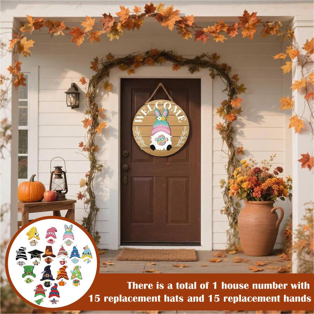 Wooden Decor Set -Gnome Interchangeable Seasonal Figures with Magnetic Pieces, Detachable Hats & Changeable Welcome Sign