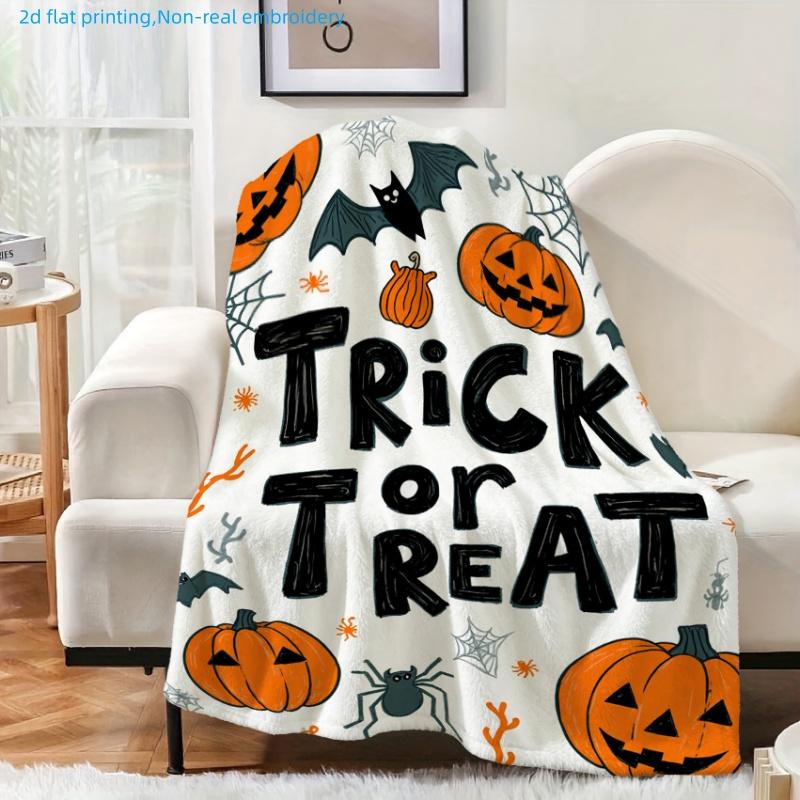 1pc Halloween-Themed Pumpkin Bat Print Blanket, TRICK Or TREAT Design, Multi-Size Available, Suitable for Living Room, Bedroom, Study, Office, Outdoor