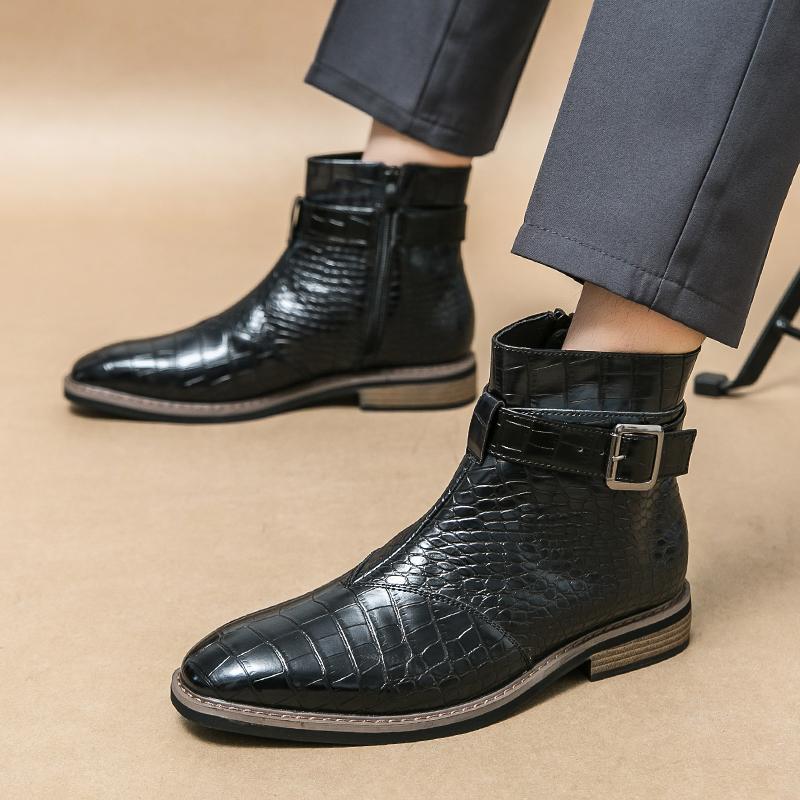 New Fashion Male Pointed Alligator Pattern Leather Brogues Ankle Boots Men Casual Luxury High Top Platform Shoes Zapatos Hombre