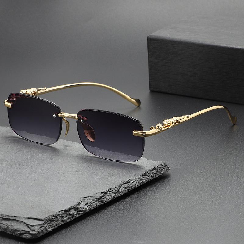 Trendy Men's Rimless Cut-Edge Sunglasses with Small Leopard Temple