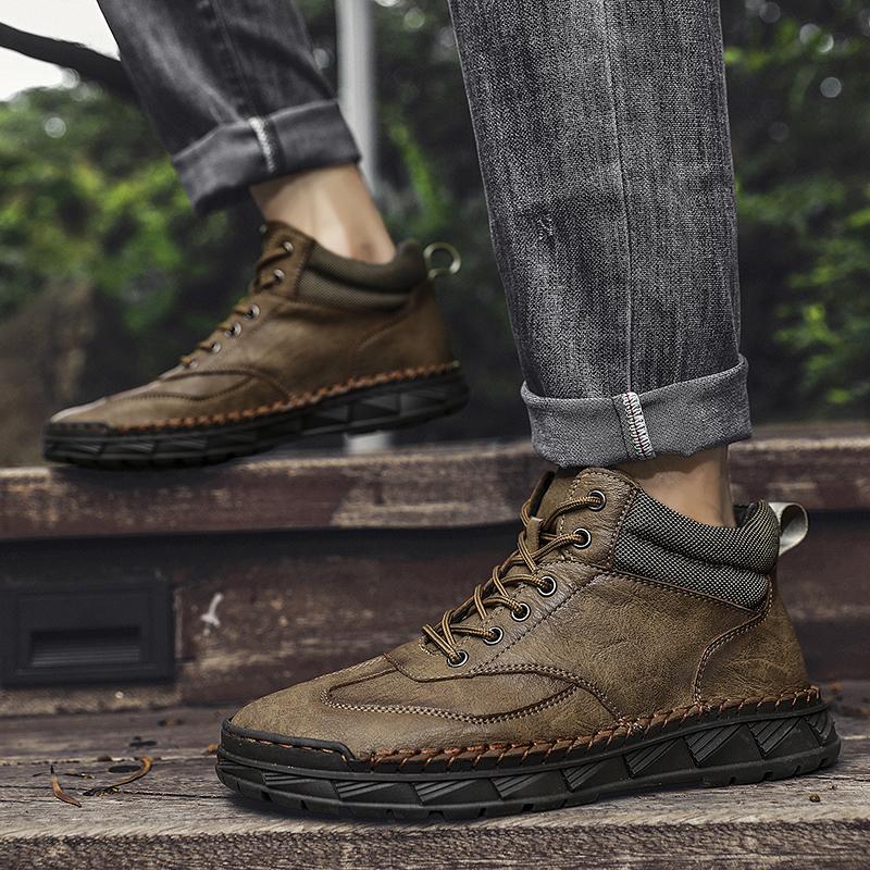 Men's Retro Genuine Leather Large Size Casual Shoes Winter Plus Velvet Warm Ankle Boots Spring and Autumn Men's Mid-cut Short Boots