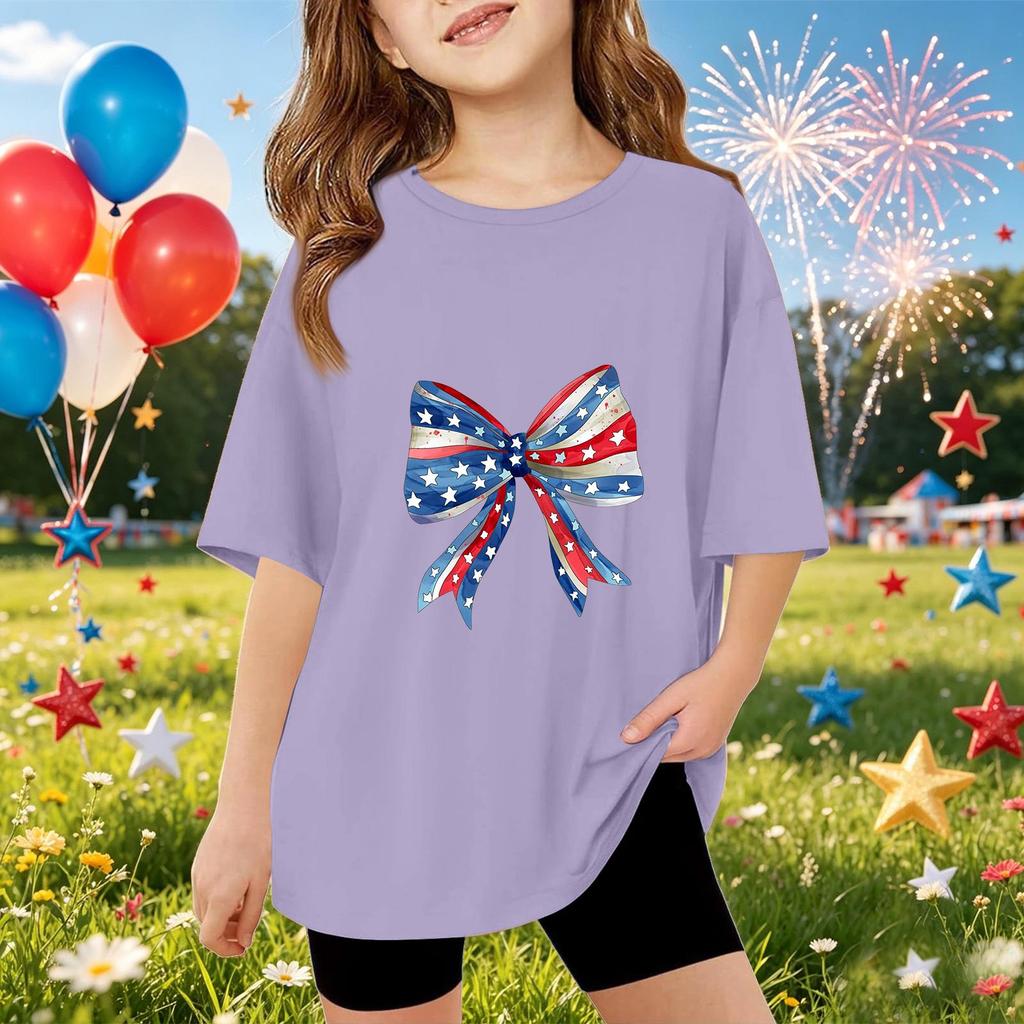 Kids Short Sleeve T-Shirt Independence Day Print Top American Style Bow Graphic Tee Casual Fit Comfortable Fabric