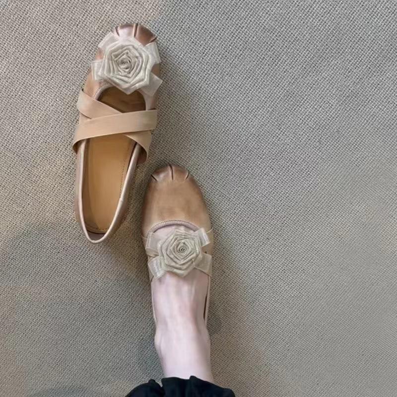 Schafsleder Französische Vintage Blume Mary Jane Einzelne Schuhe Damen 2025 Vielseitige Gekreuzte Elastische Ballerinas