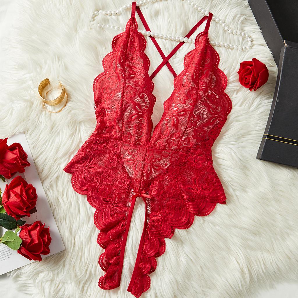 Sexy Women's Lace Crotchless Bodysuit Transparent Porn Deep V Strapless Backless Pajamas Open Bra Lingerie Set Exotic Clothing