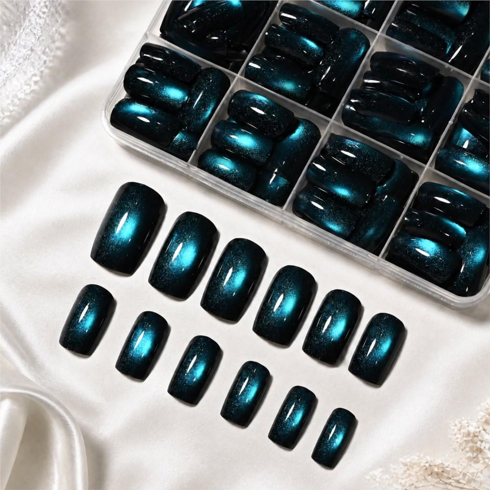144pcs Peacock Green Cat Eye Press On Nails Glossy Medium Square Cat Eye False Nails Full Cover Acrylic Green Cat Eye Fake Nails