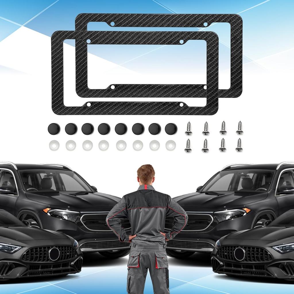 2PCS Carbon Fiber License Plate Frame, Waterproof Plastic Number License Plate Cover, Car Accessories Licence Plates Frame Holder with Fasteners and