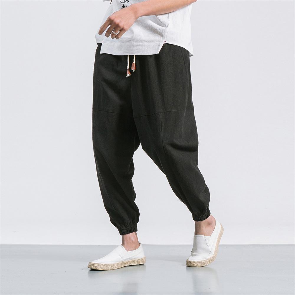 Male Trousers Cotton Linen Wide Straight Harem Pants Casual Baggy Drawstring Elastic Waist Pants Trendy Solid Color Streetwear