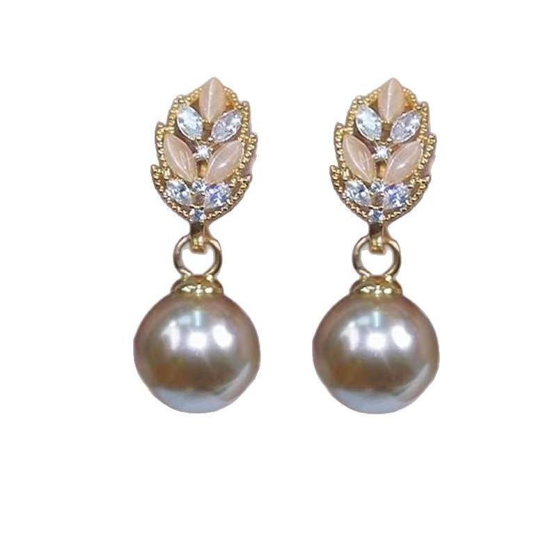 Coffee super flash opal leaf pearl earrings 111 silver needle temperament personality light luxury earrings earrings