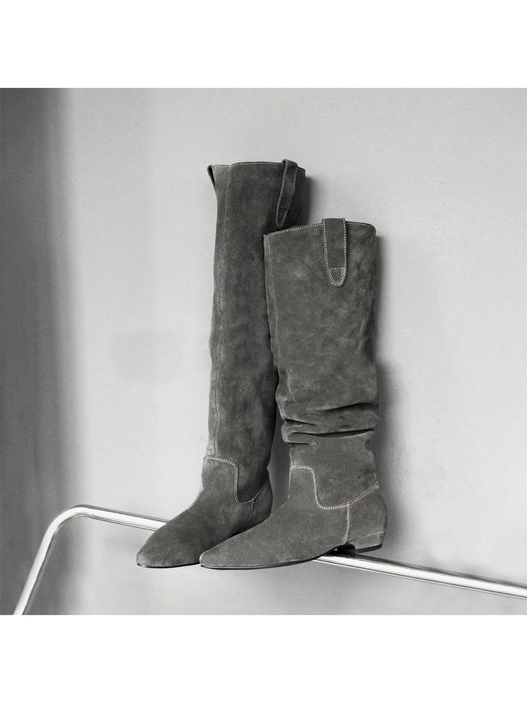 Vintage Flat Boots Women's Frosted Wide Tube Folded Pile Boots Skinny Versatile Knight Boots