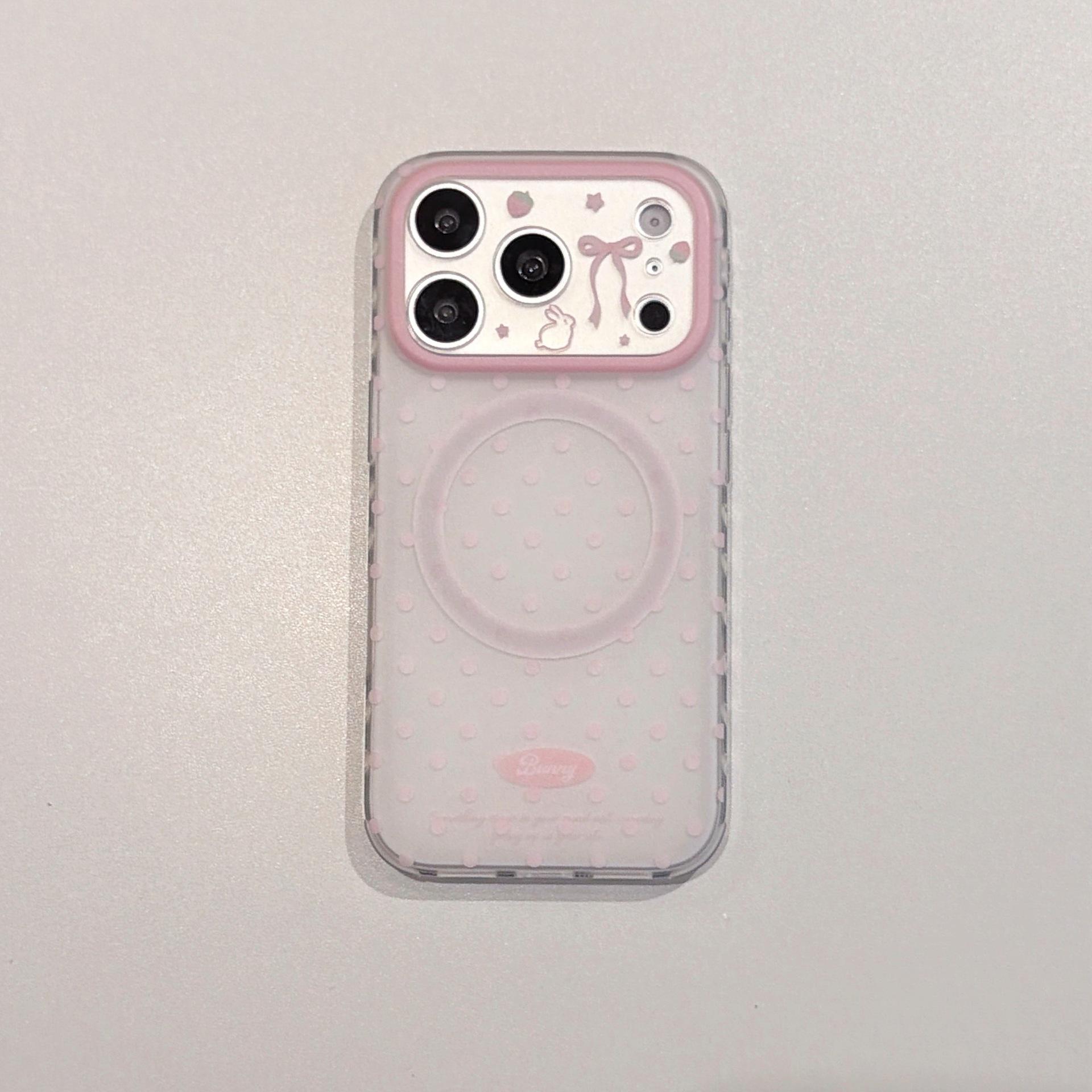 

Adorable Pink Polka Dot Strawberry Rabbit iPhone 16/17 Pro Max Phone Case with Stand iPhone 16 Pro