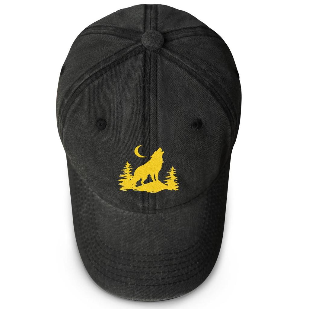 Golden Wolf Moon Print Snapback Sun Hat, Animal Flat Cap Fit Solid Color Sun Protection Adjustable Buckle Adjustable Baseball Hat