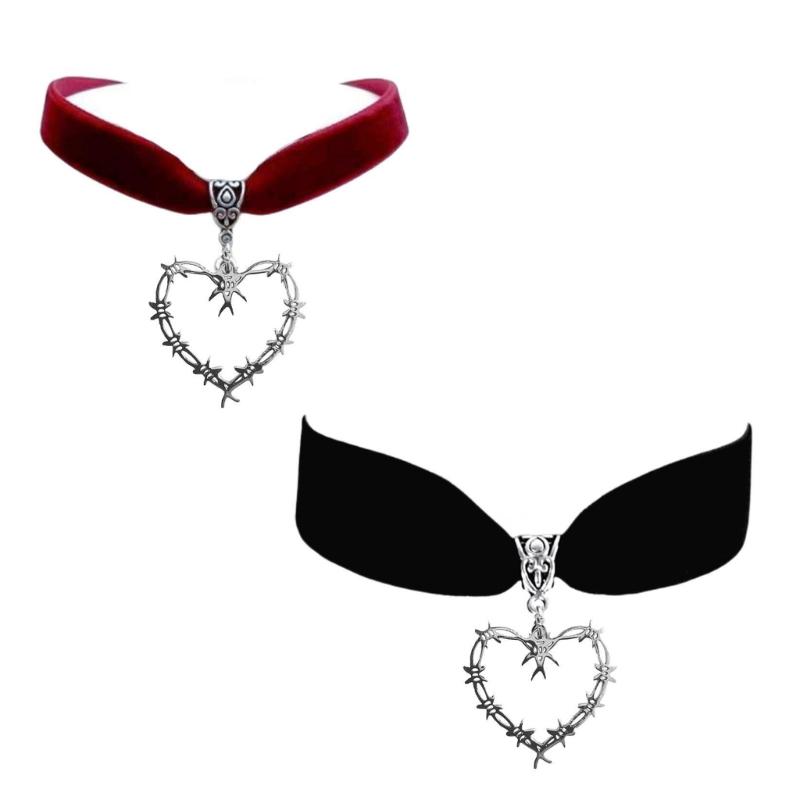 Gothic Barbed Wire Thorns Heart Necklace Soft Velvets Choker Necklace,Aesthetic Necklace Trendy Jewelry Gifts for Womens