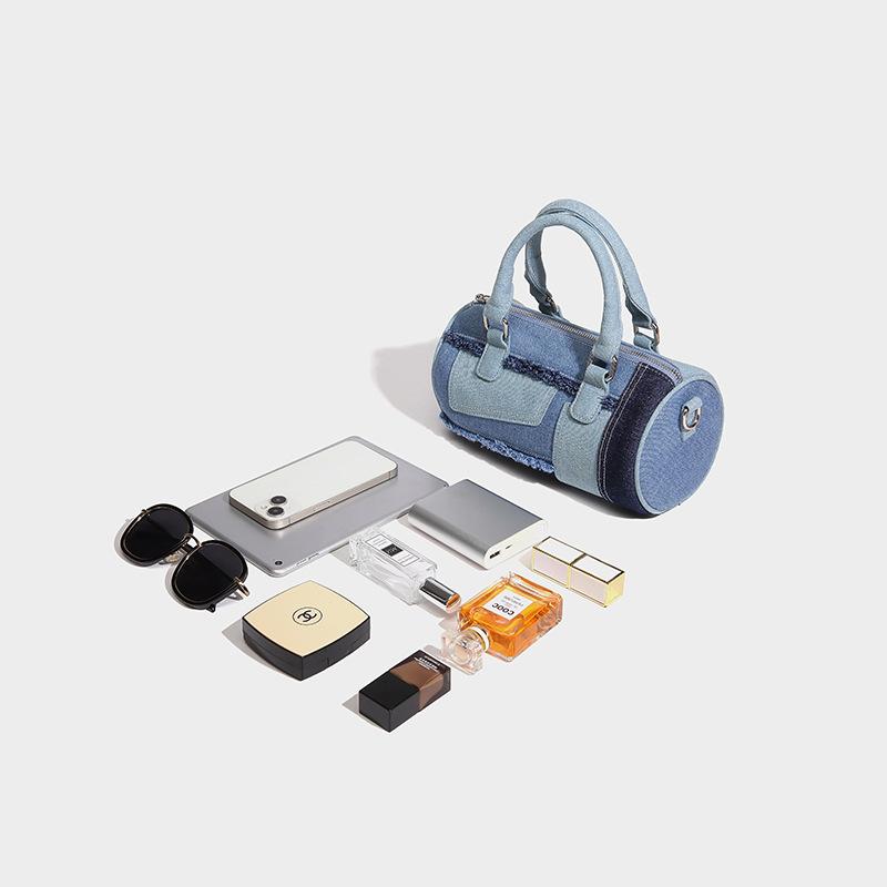 Niche Design Patchwork Denim Crossbody Bowling Bag 2024 Summer New Versatile Boston Pillow Bag