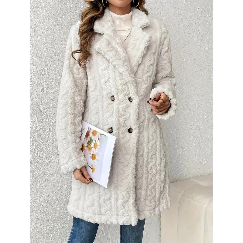 Double Breasted Lapel Teddy Bear Coat, Hundred Long Sleeve Textured Warm Winter Coat, Women's Clothing