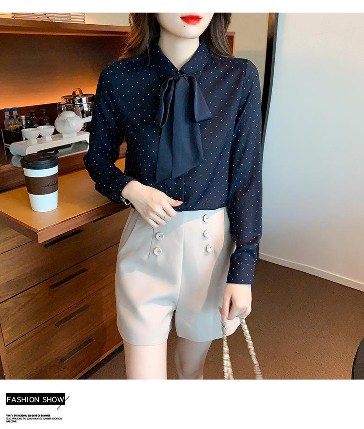 Polka Dot Bowknot Chiffon Blouse - Women's Long Sleeve Autumn Fashion