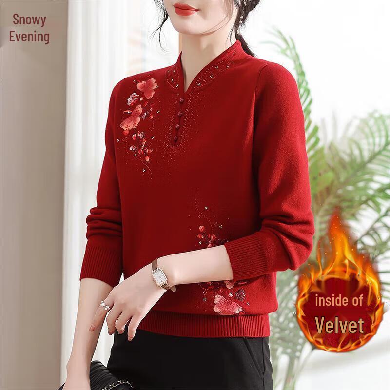 

XUEXI Women s 2024 Winter Cheongsam Collar Plus Velvet Sweater L