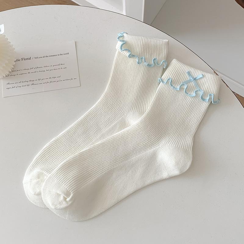 Sweet Fungus Edge Socks Female Cute Flanged Bow Medium Tube Socks Spring And Autumn Girl Style Stacking Socks