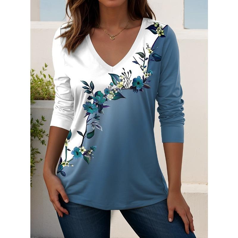 

Женские футболки с цветочным принтом, графикой, растениями, элегантные модные футболки, футболки с длинным рукавом, V-образным вырезом, обычные топы, повседневный пуловер, осень S