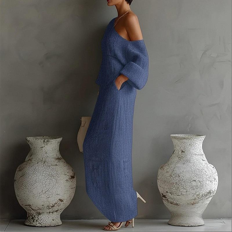 Women's clothing, new spring models in Europe and America, lazy style solid color slanted shoulder thin long dress dress