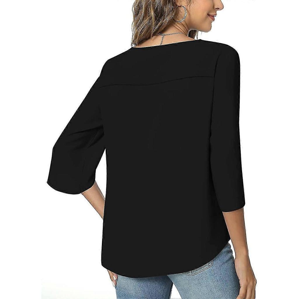 2023 Summer Women Casual Shirt, V-neck Loose Tunic Top For Leggings, Split 3/4 Sleeves Chiffon Blouse