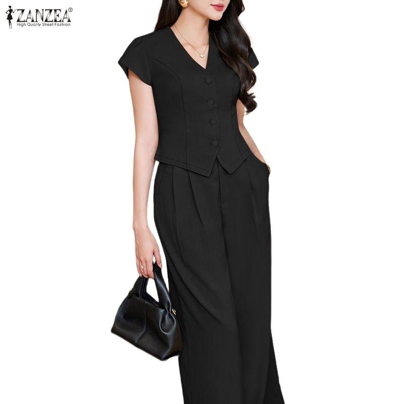ZANZEA Women Short Sleeve Blouse and Long Pants Casual Two Piece Suit Sets