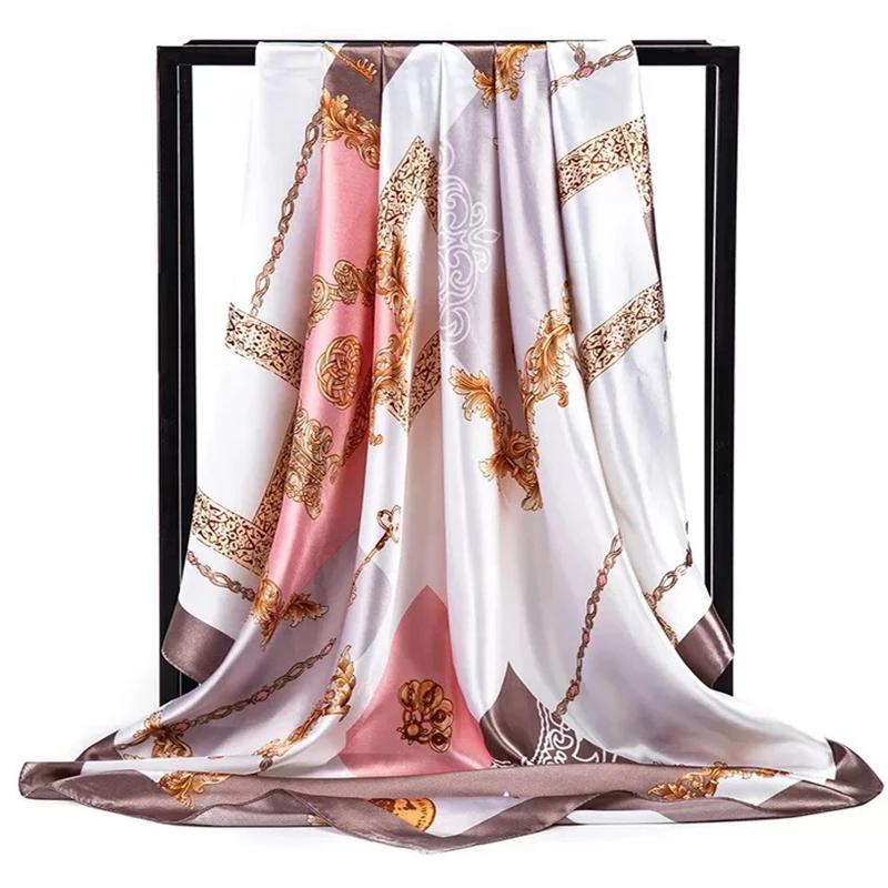 

Сатиновый платок 90*90 см для женщин с принтом «цветок кешью» и цепочкой, весенне-летний новый стиль, шаль-платок для женщин, новый стиль 90x90cm