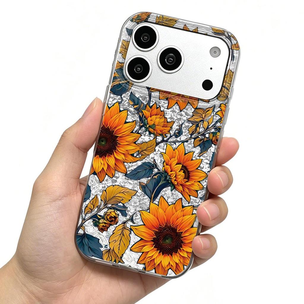 Case for iphone 16 Plus XR XS Max 18 Pro Max 17 Pro 11 13 Air 15 12 14 Silver Glitter Crackle Background Full Screen Sunflowers