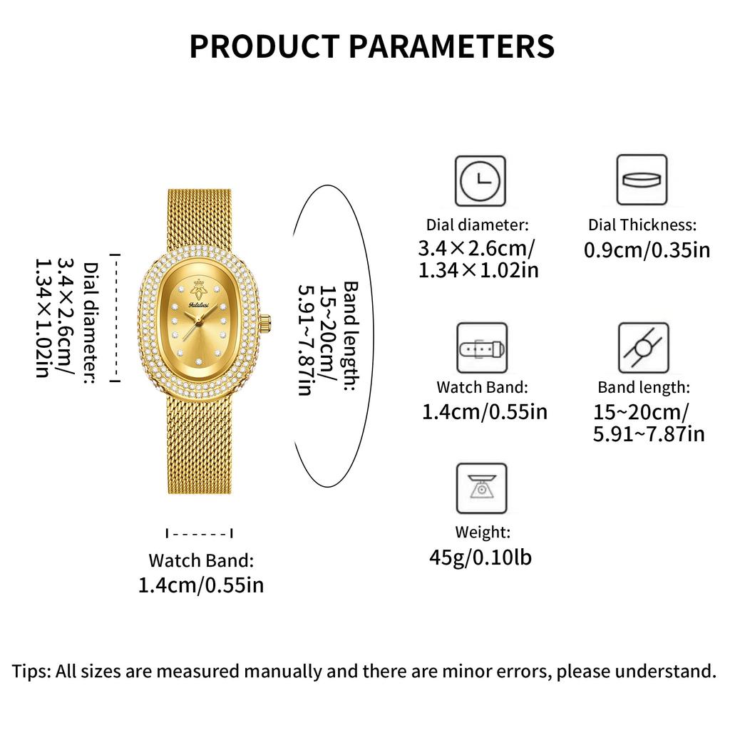 YaLaLuSi Elegant Oval Women Watch Shiny Crystal Bezel Mesh Band Quartz Ladies Wrist Watch Luxury Gift Watch For Her