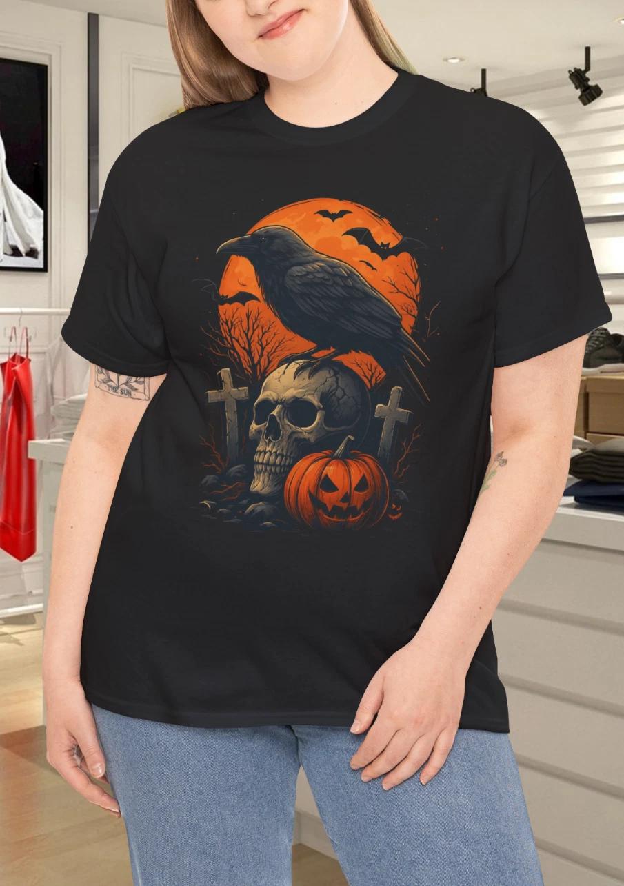 Raven Skull Pumpkin Blood Moon Halloween T- Shirt 4XL