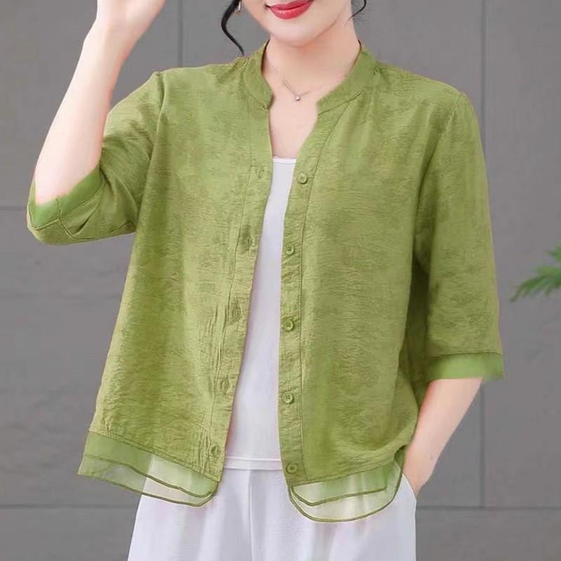 2024 Plus Size Slimming V-Neck Mid-Sleeve Casual Blouse for Moms