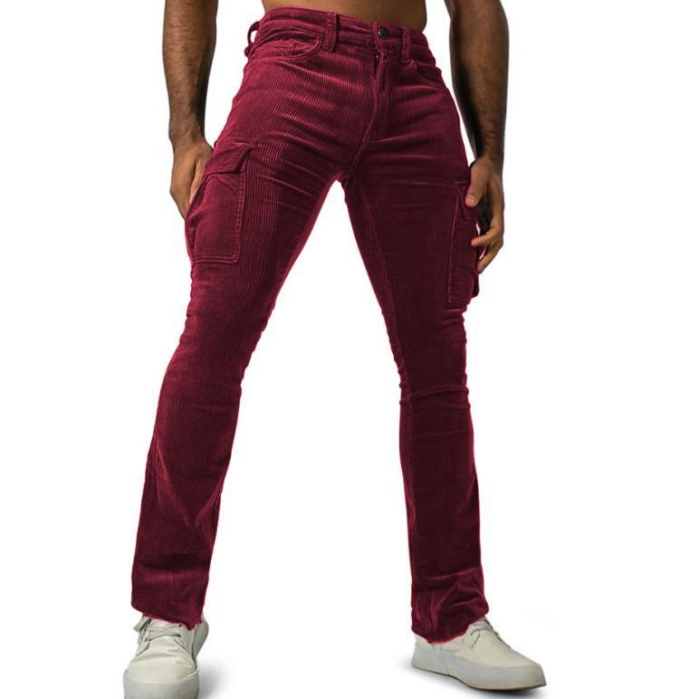 Men's European and American jogging corduroy solid color casual breathable street fashion multi-pocket slim-fit elastic overalls