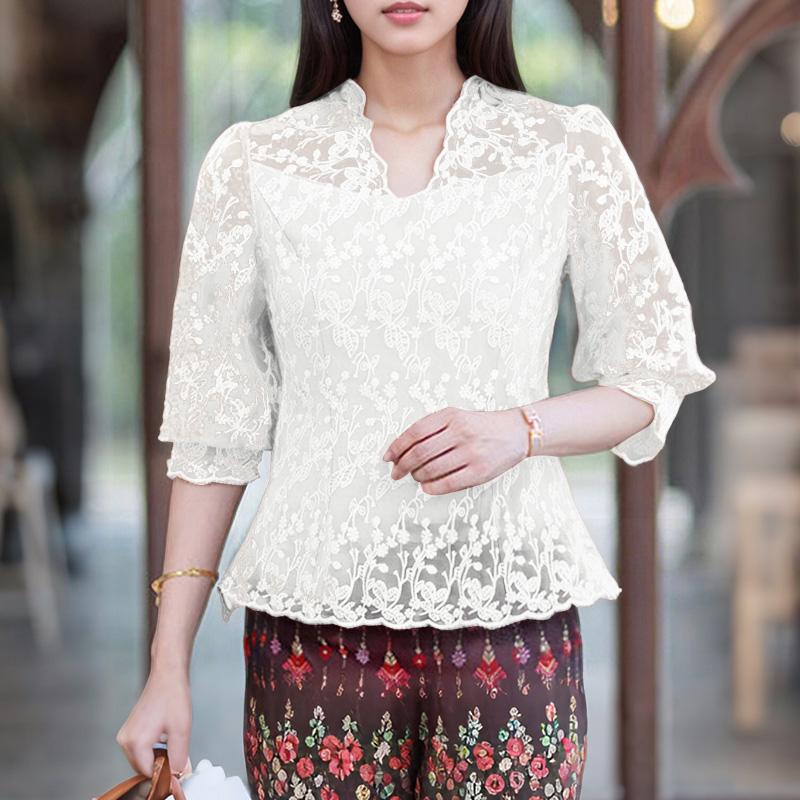 

ZANZEA Женская повседневная полупрозрачная блузка с вышивкой, кружевной вставкой и рукавом три четверти 3XL белый