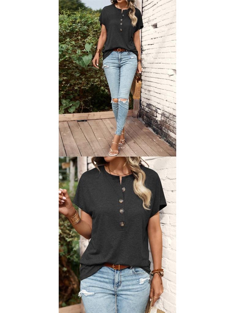 European & American Style Women's Solid Color Button Short Sleeve T-Shirt - Spring/Summer Collection