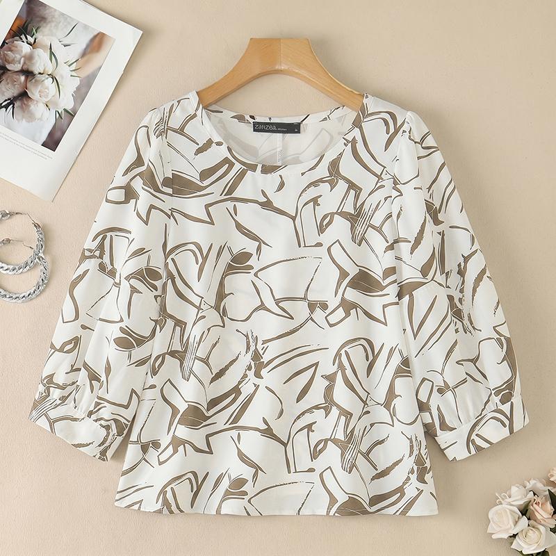 ZANZEA Women Casual Round Neck Loose 3/4 Sleeve Print Blouse