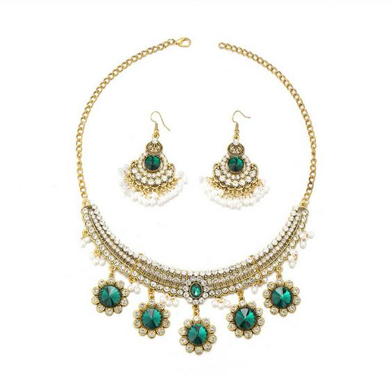 Conjunto de Colar e Brincos de Flor com Strass Estilo Étnico Retro para Mulheres